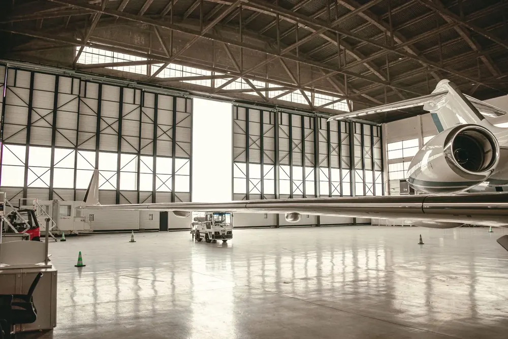 Wide view of an aircraft maintenance hangar
