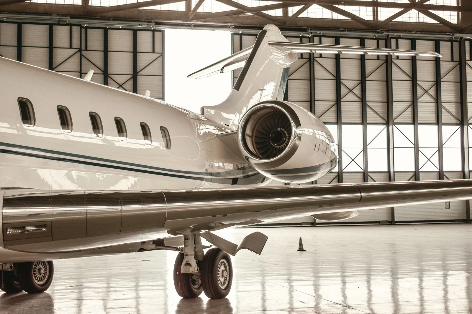 Rear fuselage, engine and main landing gear of a business jet inside a hangar